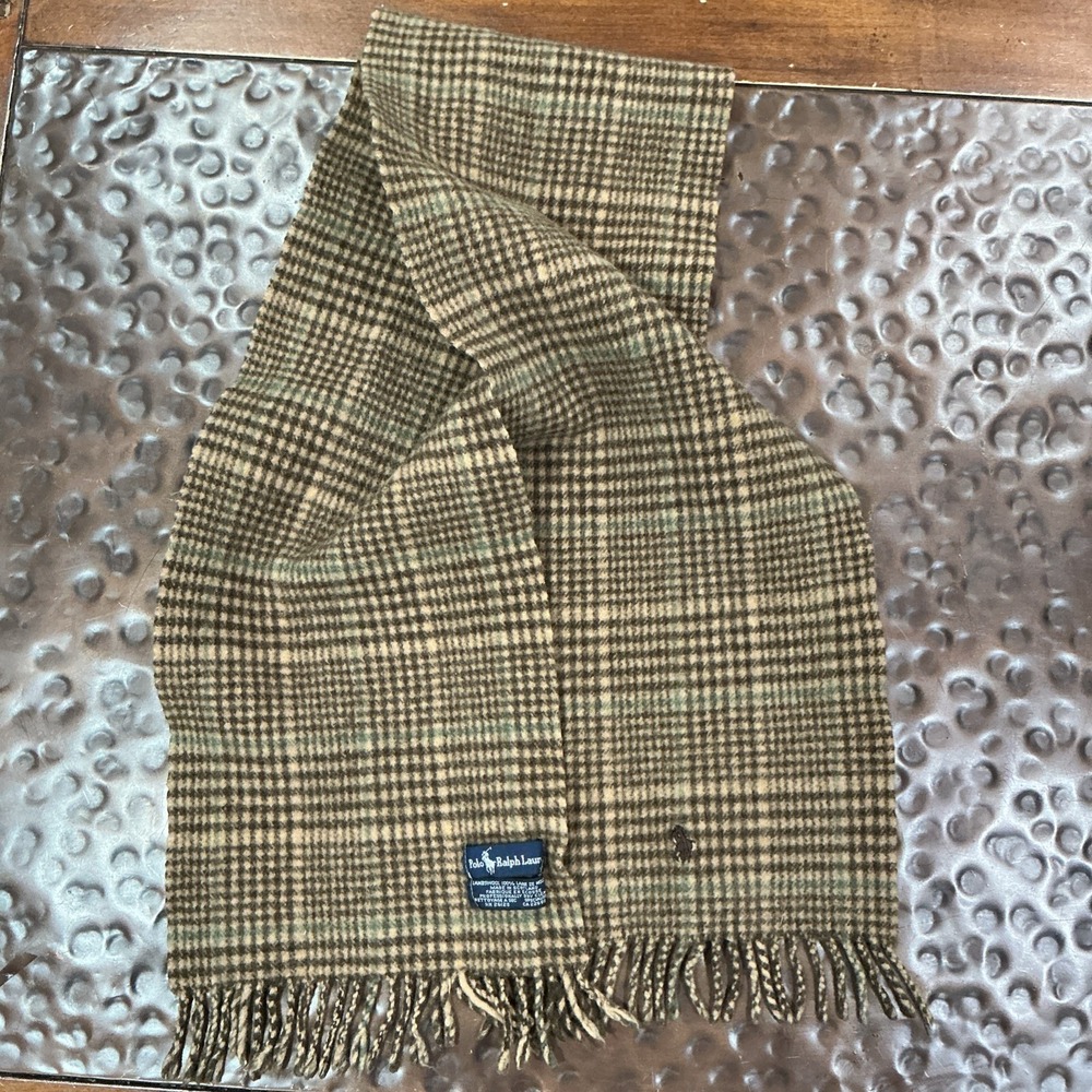 Polo Ralph Lauren Plaid Wool Scarf, Made In Scotland, Brown Pony, Fringe, VTG - Picture 2 of 5